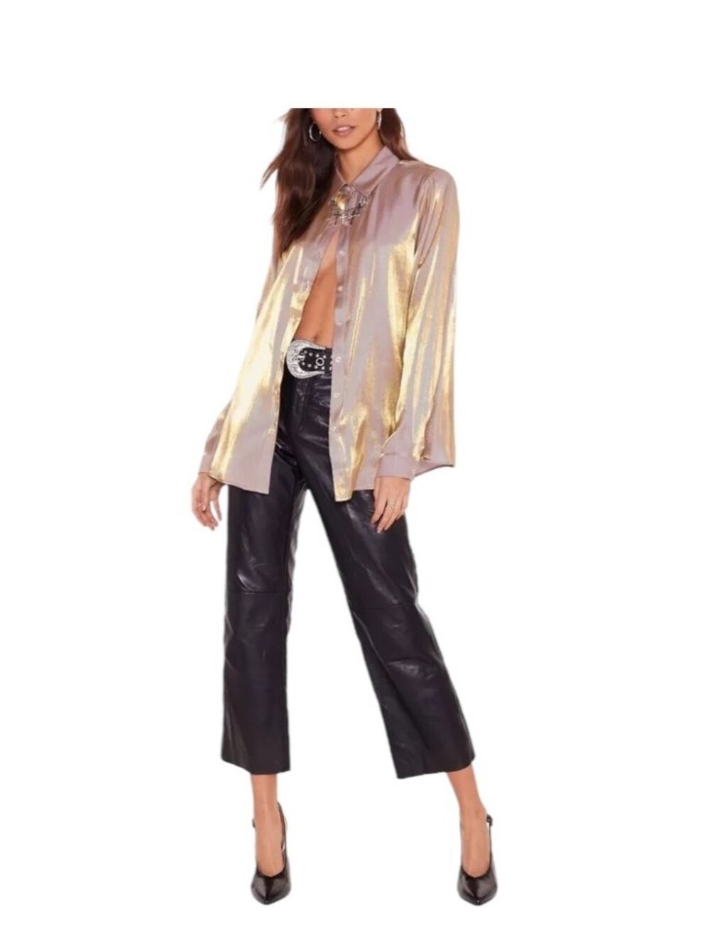 Nasty Gal Shiny Lame Button Down Blouse Gold Size 10 Metallic Glam Party Neutral